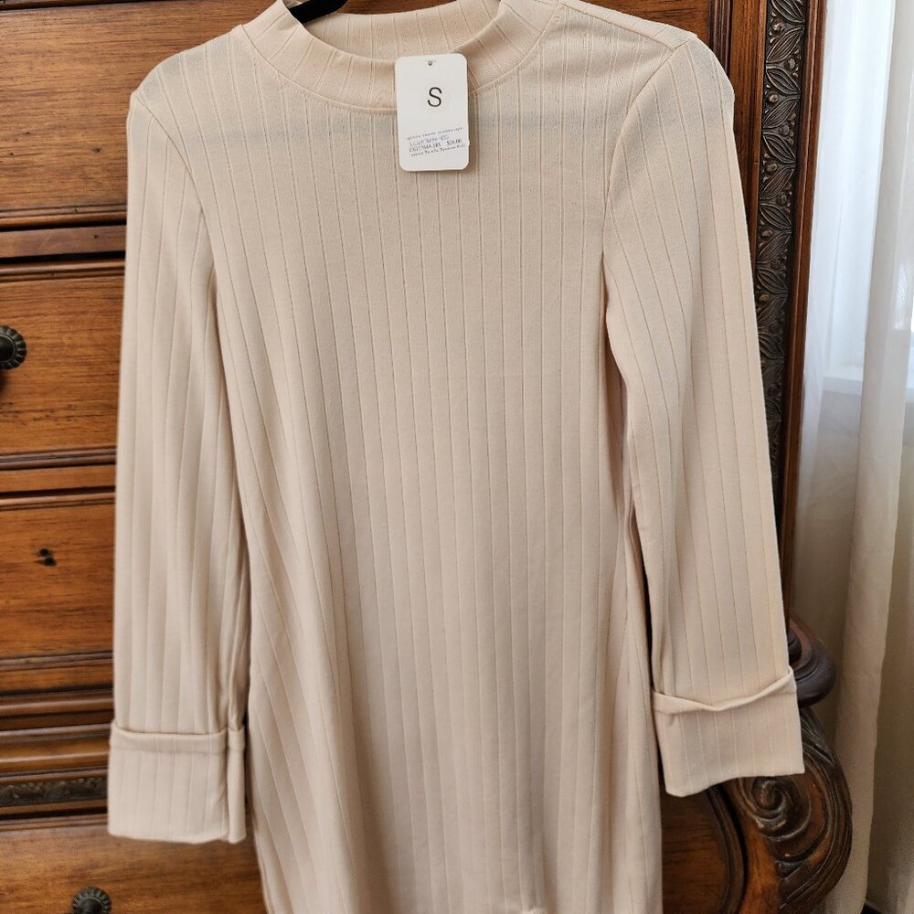 Apricot Tactile Texture Split Long Sleeve Knit Mini Dress